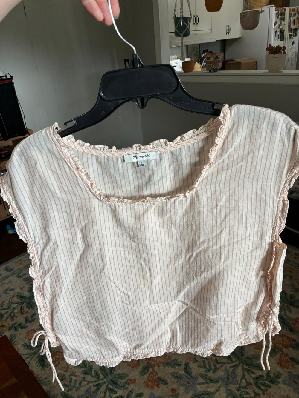 Madewell Cream and Pink Striped Ruffle-Trim Sleeveless Top